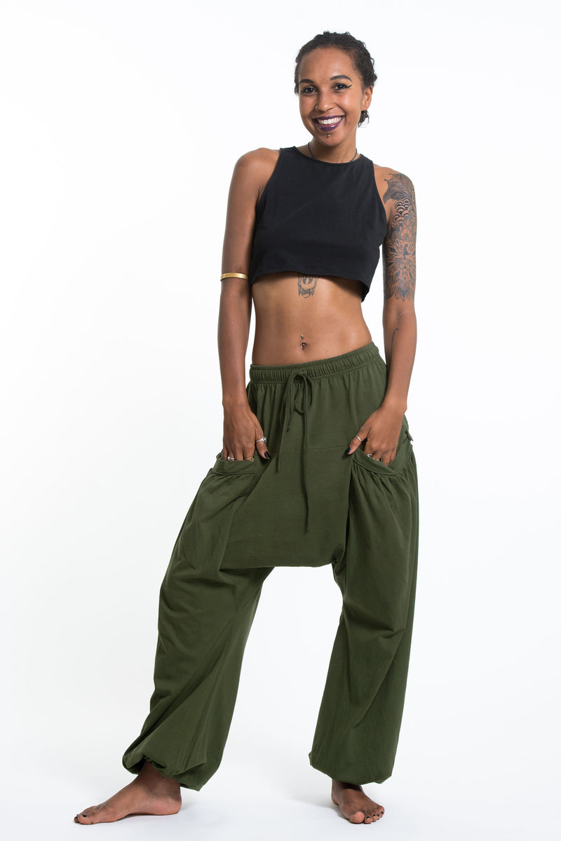 Cotton Women Harem Pants in Solid Green