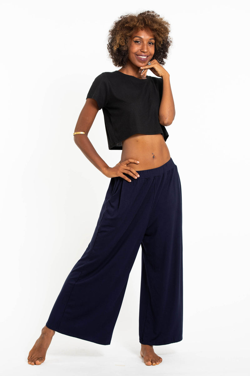 Wide Leg Palazzo Harem Pants Cotton Solid Navy