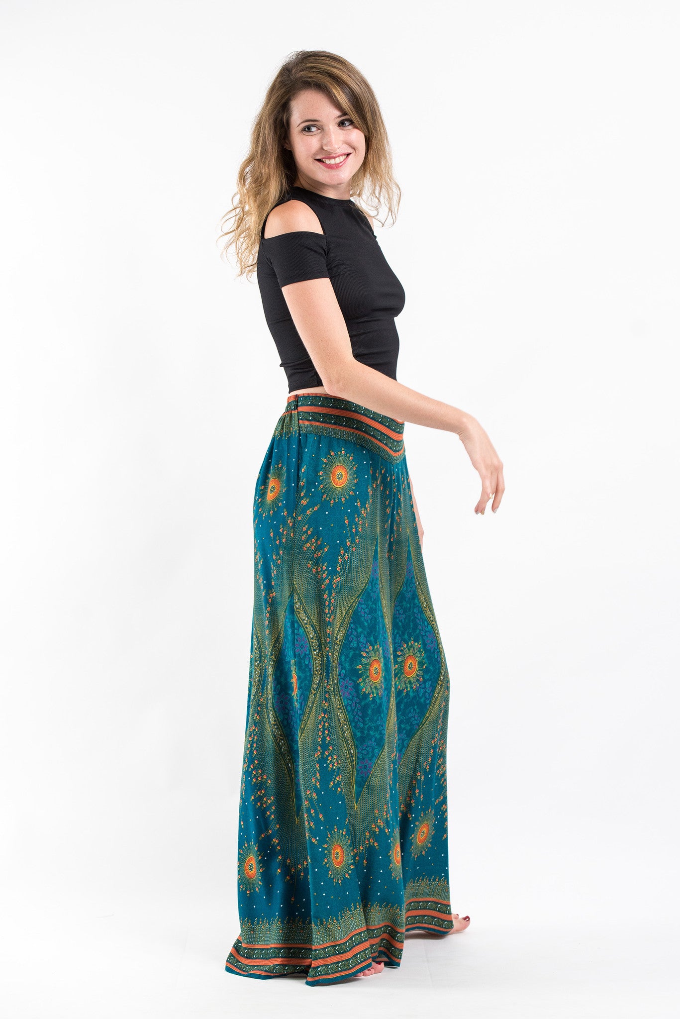 Peacock Eyes Palazzo Style Harem Pants in Turquoise